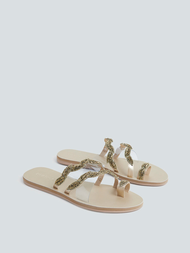 LUNA BLU Gold Leaf Detailed Artisanal Sandals